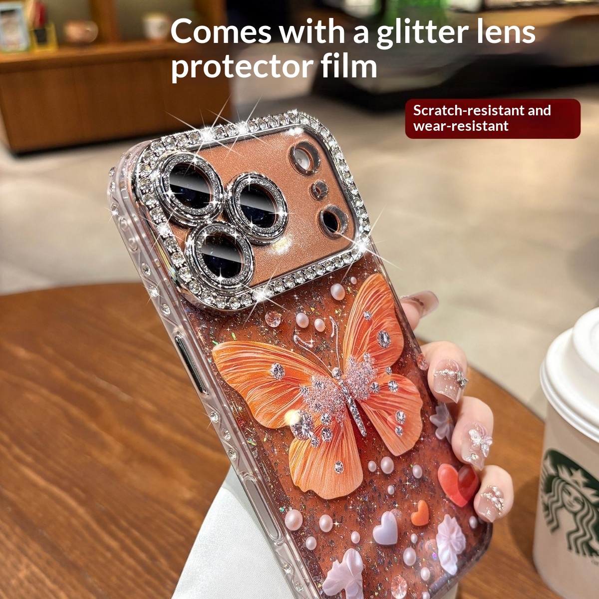 Rhinestone Butterfly Phone Case With Glitter Lens Protector Full-body Coverage