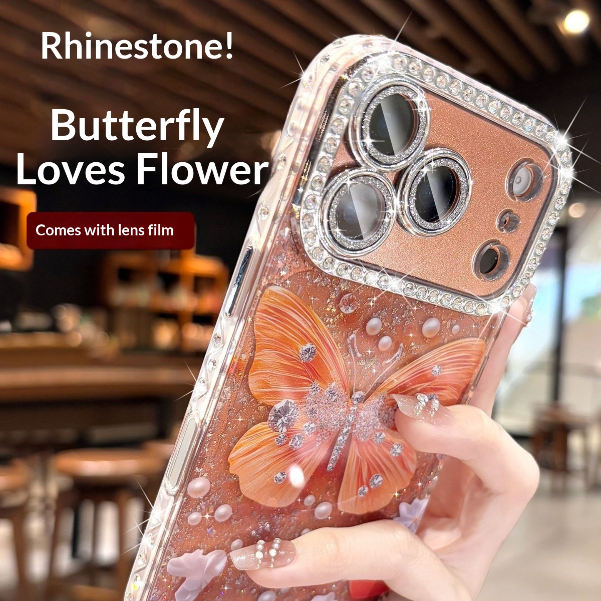 Rhinestone Butterfly Phone Case With Glitter Lens Protector Full-body Coverage