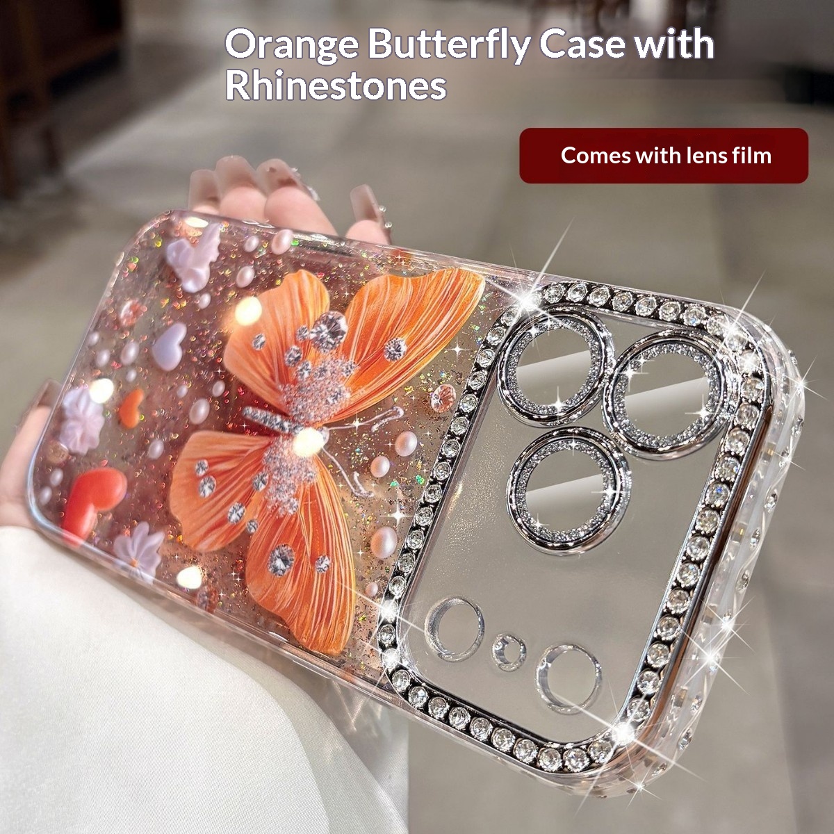Rhinestone Butterfly Phone Case With Glitter Lens Protector Full-body Coverage