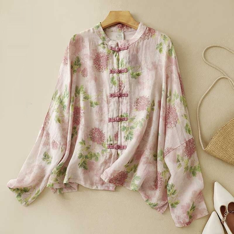 Loose-Fit Plus-Size Sun-Protective Ramie Printed Shirt