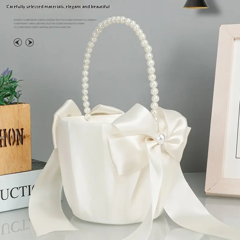 Flower Basket Flower-spreading Handle Made Of White Satin With Pearl Accents And A Decorative Bow