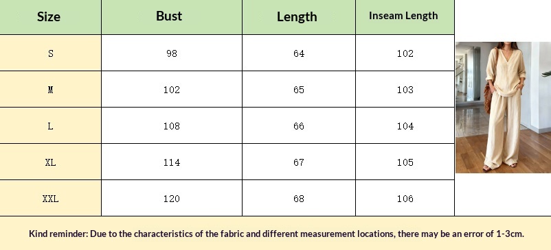 Size chart for long sleeve top and full-length pants two-piece set – S M L XL XXL 3XL measurements