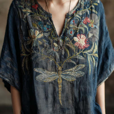 Womens Printed Linen Long-Sleeve Shirt Top