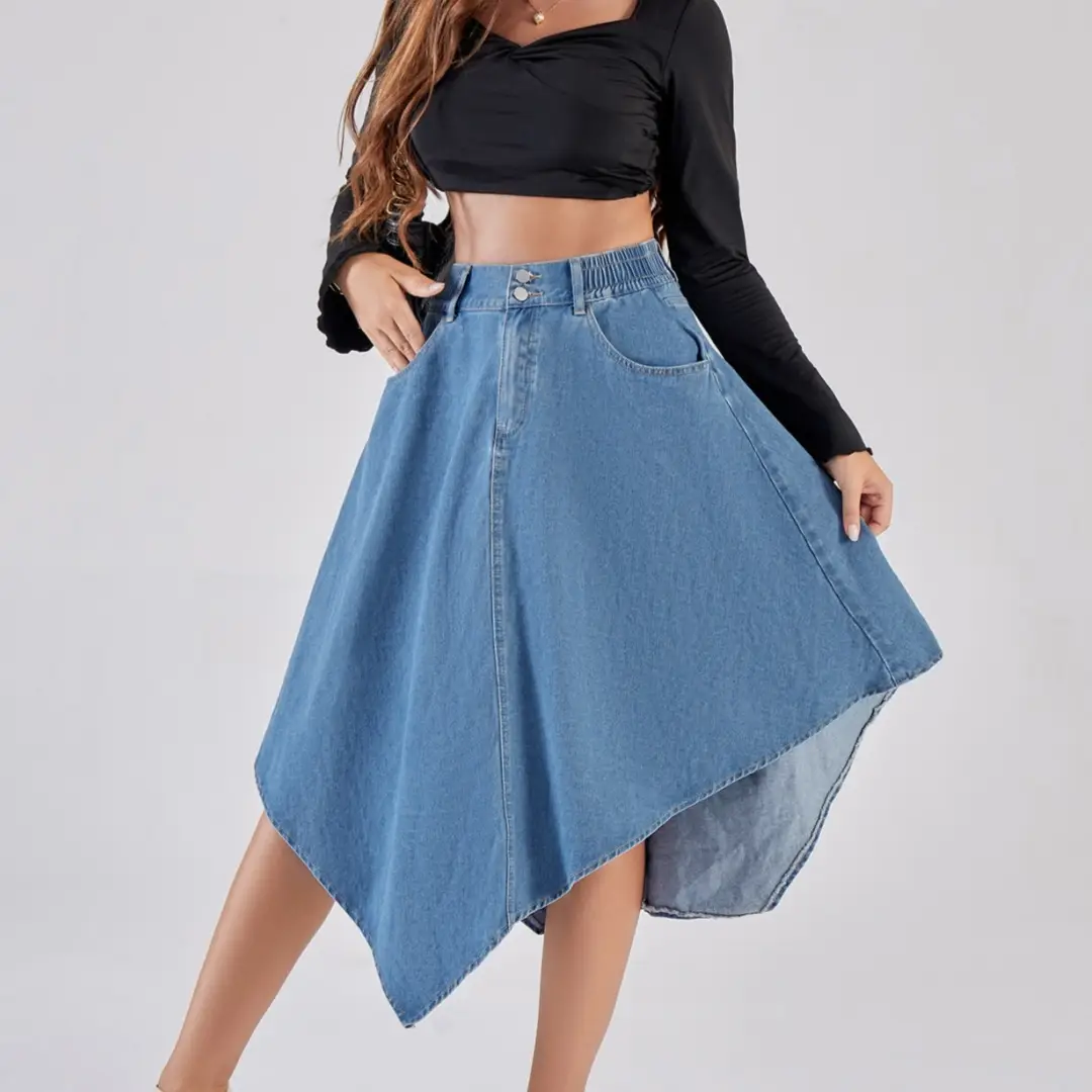 Womens Solid-Color Irregular Denim Skirt High-Waisted Denim Skirt