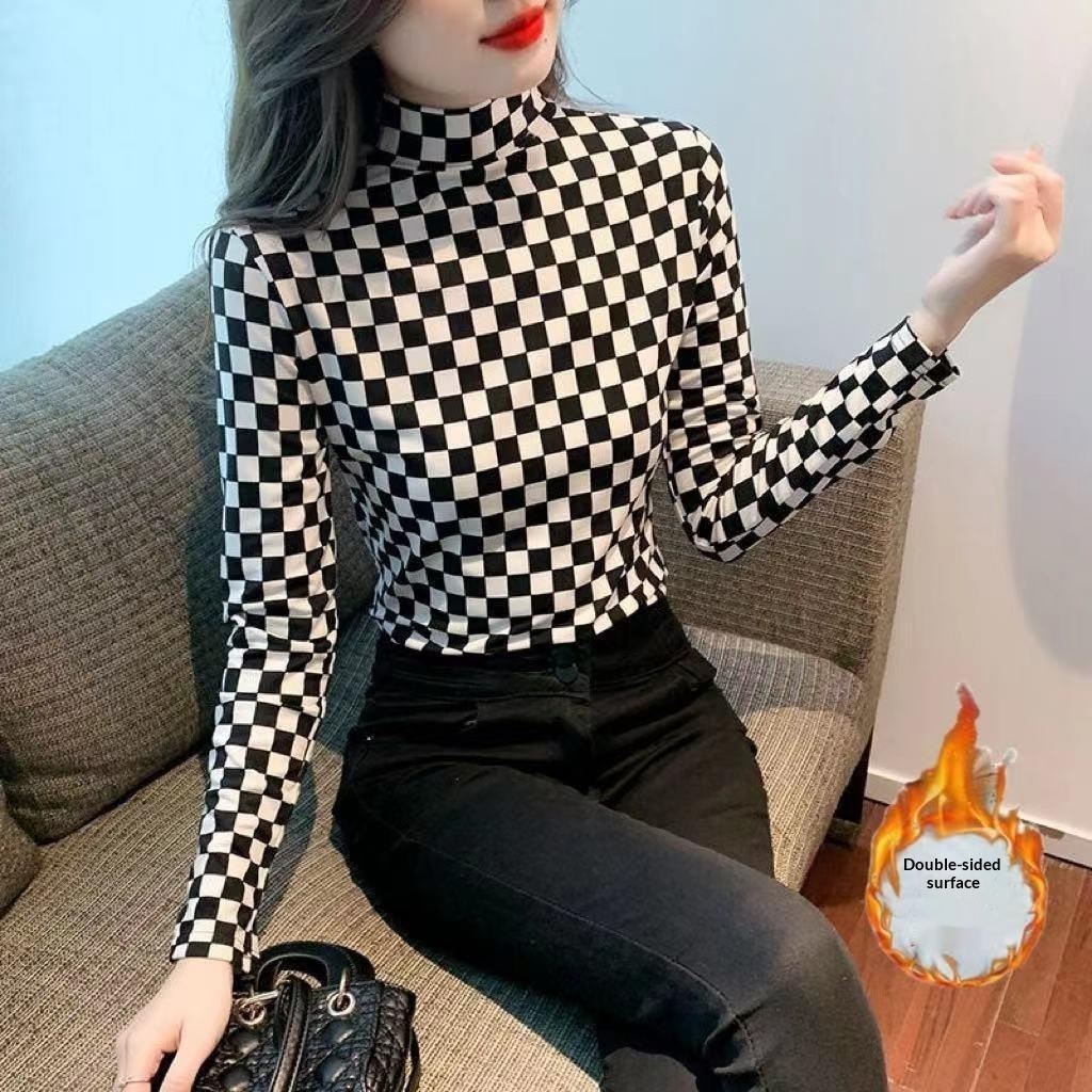 Womens High-Neck Highly Stretchy Black-and-White Diamond-Check Double-Face Printed Slim-Fit Base Top