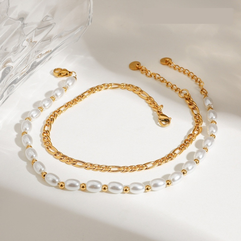 Stainless Steel Glass Pearl Jewelry Double-layer Ankle Bracelet