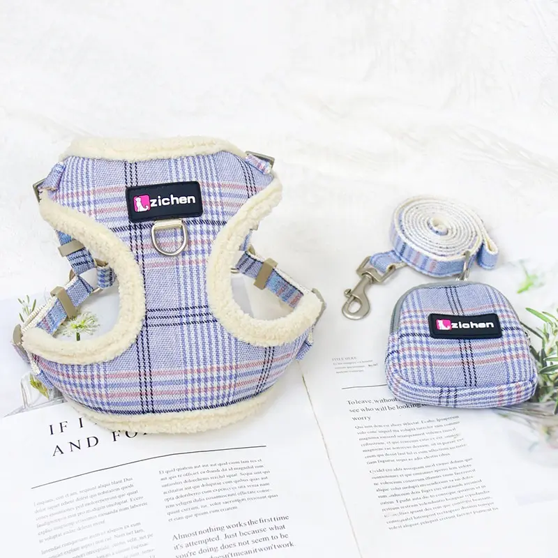Dog Leash Vest With Plaid And Fleece Lining