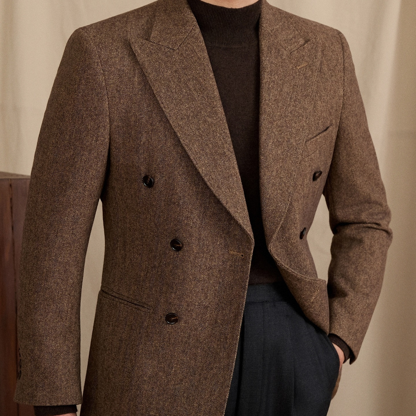 Tailored Wool-blend Herringbone Double-breasted Suit