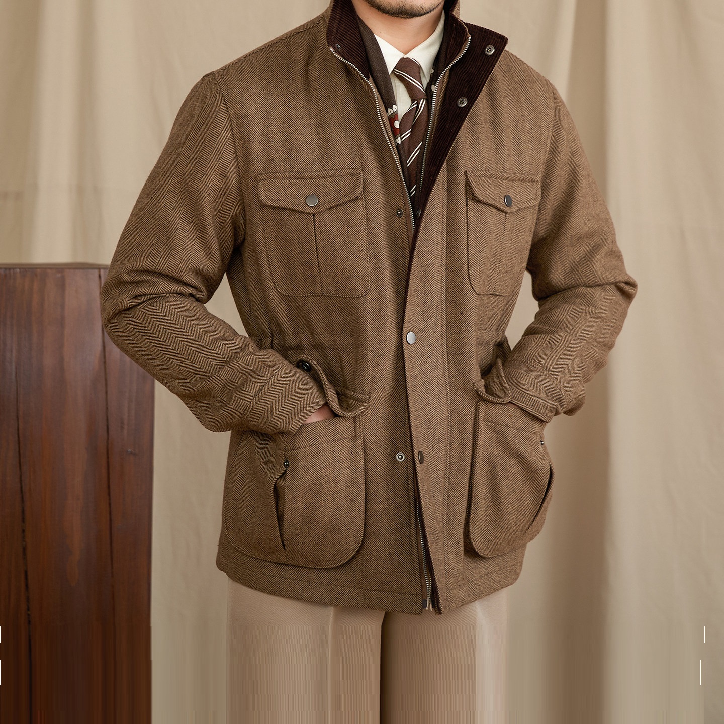 Thick Mens Italian-style Thermal Jacket With A Stand-up Collar