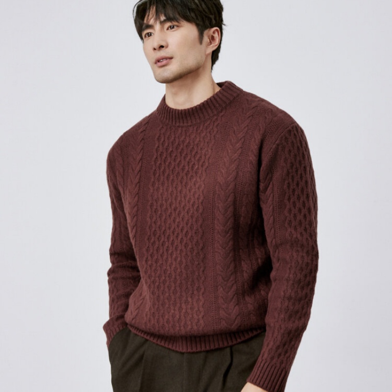 Mens Jacquard Crew-neck Knit Sweater Red Wool Sweater