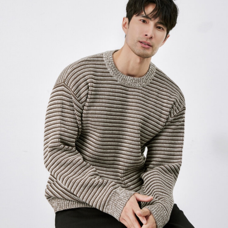 Mens Winter Warm Striped Crew-Neck Sweater