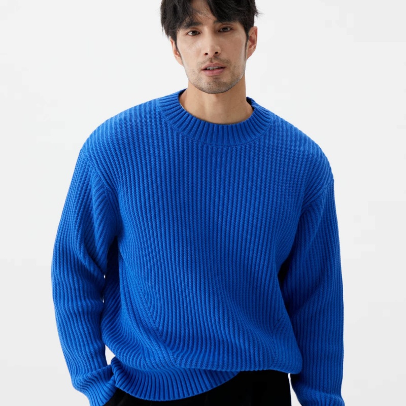 Mens Organic Cotton Ribbed Chunky-Knit Crew-Neck Sweater From Xinjiang