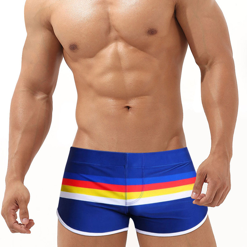 Mens Striped Minimalist-style Boxer Swim Trunks Ocean And Beach-ready