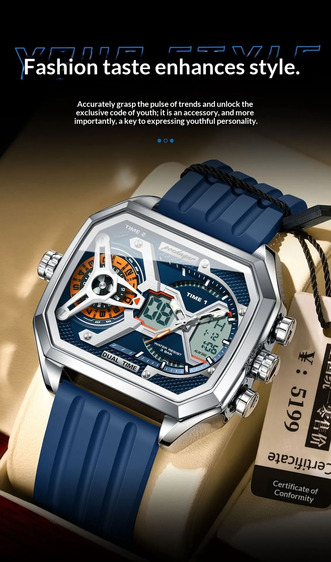 Poedagar E106 Trendy 3 Time Analog Digital watch for Men