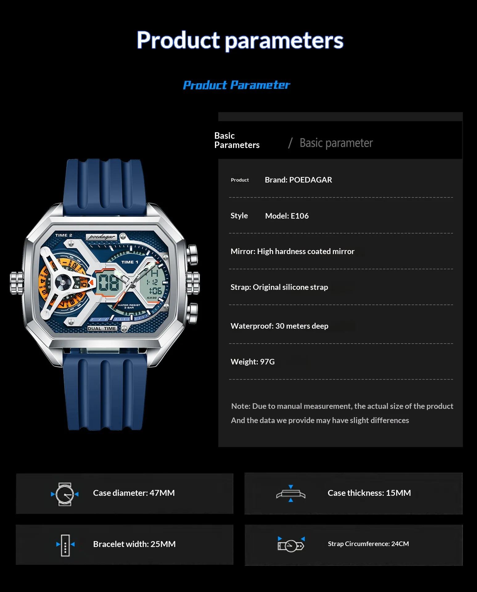 Poedagar E106 Trendy 3 Time Analog Digital watch for Men