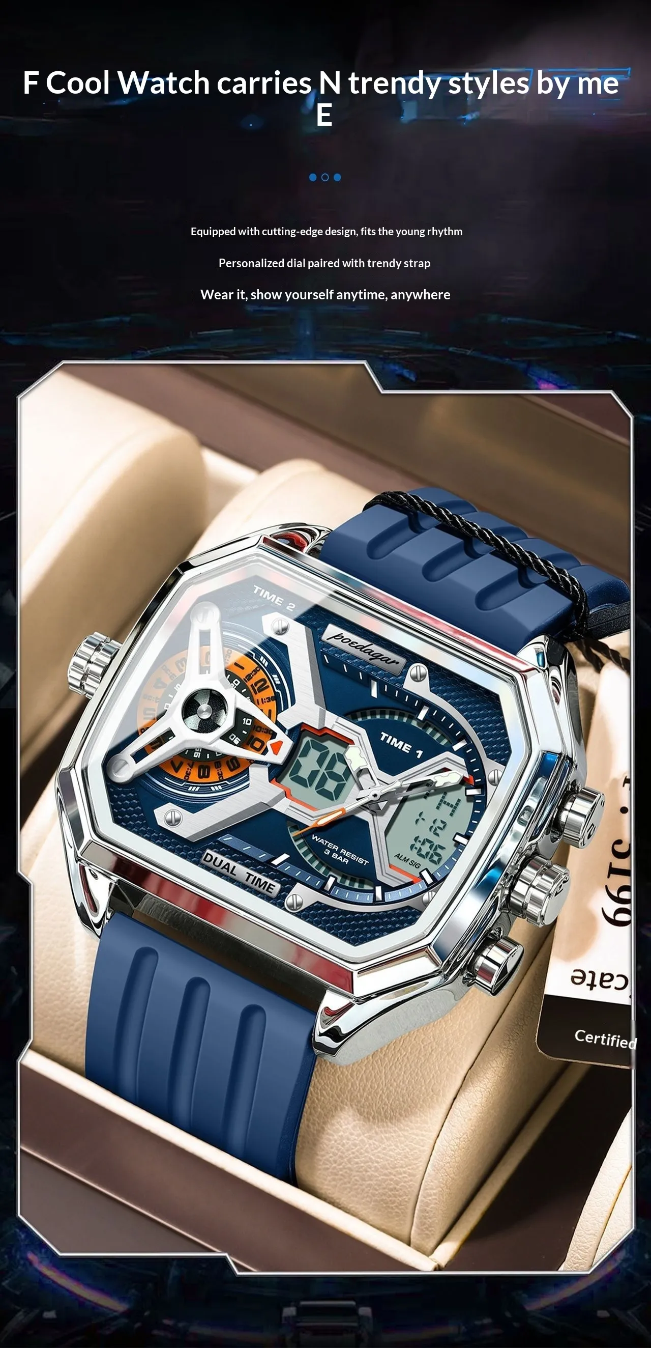 Poedagar E106 Trendy 3 Time Analog Digital watch for Men