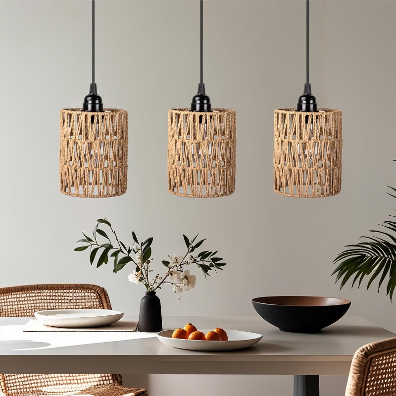 A Hanging Lamp With A 4-cell AA Battery Compartment And Bamboo Frame