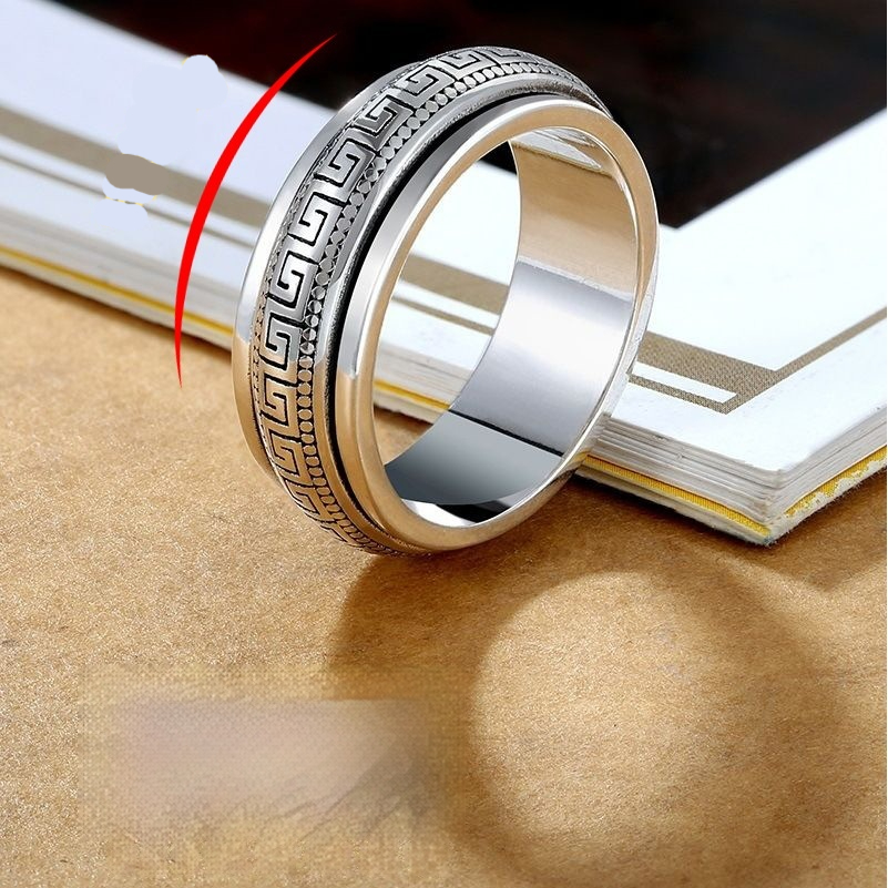 Mens Personalized Vintage Minimalist Swivel Ring With Rotating Meander Pattern - Image 5
