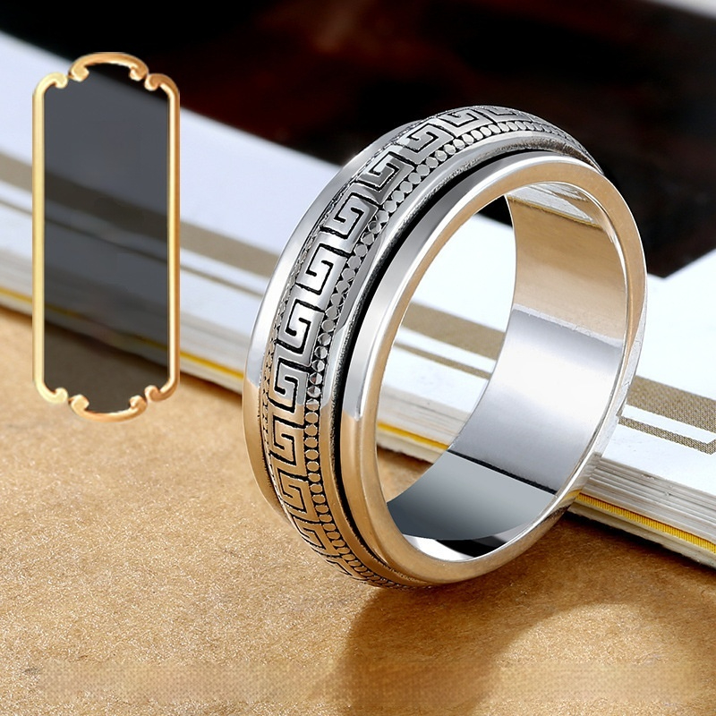 Mens Personalized Vintage Minimalist Swivel Ring With Rotating Meander Pattern - Image 3