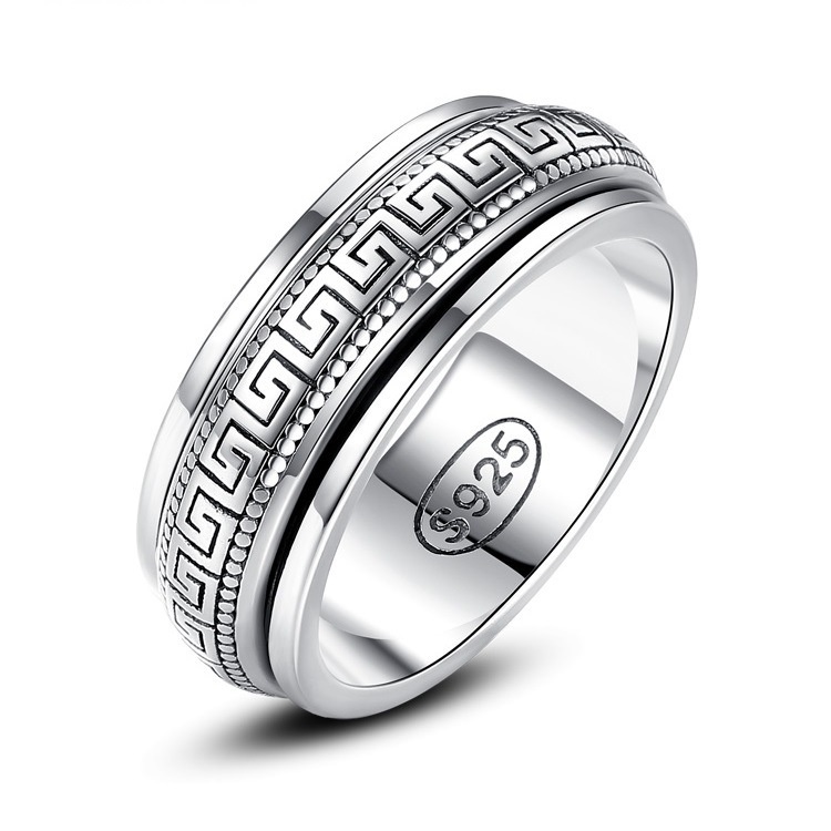 Mens Personalized Vintage Minimalist Swivel Ring With Rotating Meander Pattern - Image 2