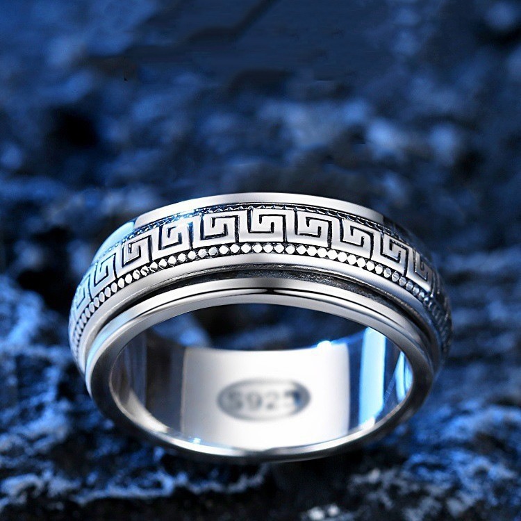 Mens Personalized Vintage Minimalist Swivel Ring With Rotating Meander Pattern - Image 7