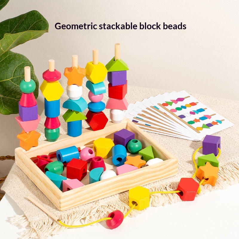Wooden Educational Geometric Five-Set Column Block Bead Box Puzzle Building Toy