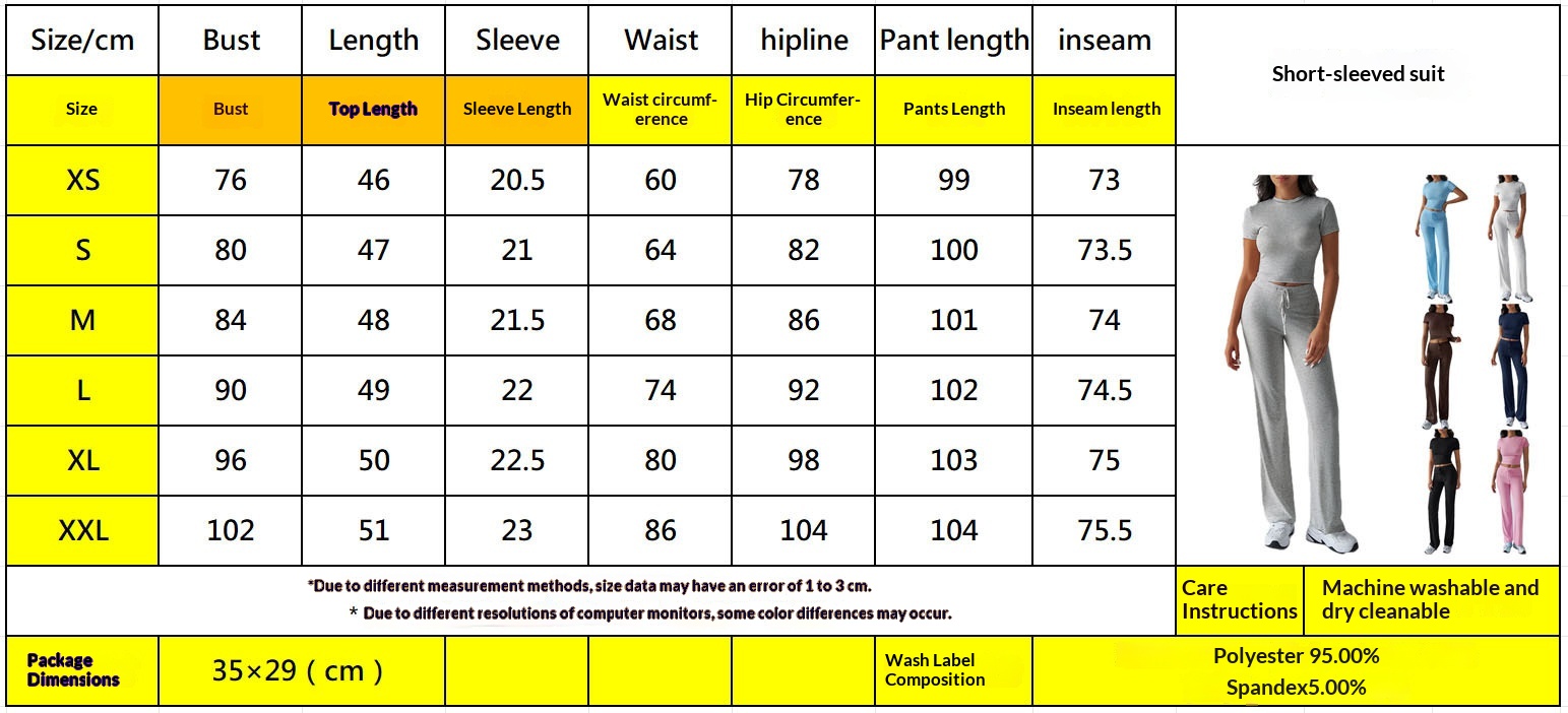 Size chart for crew neck short sleeve top and full-length pants two-piece set – XS S M L XL XXL measurements