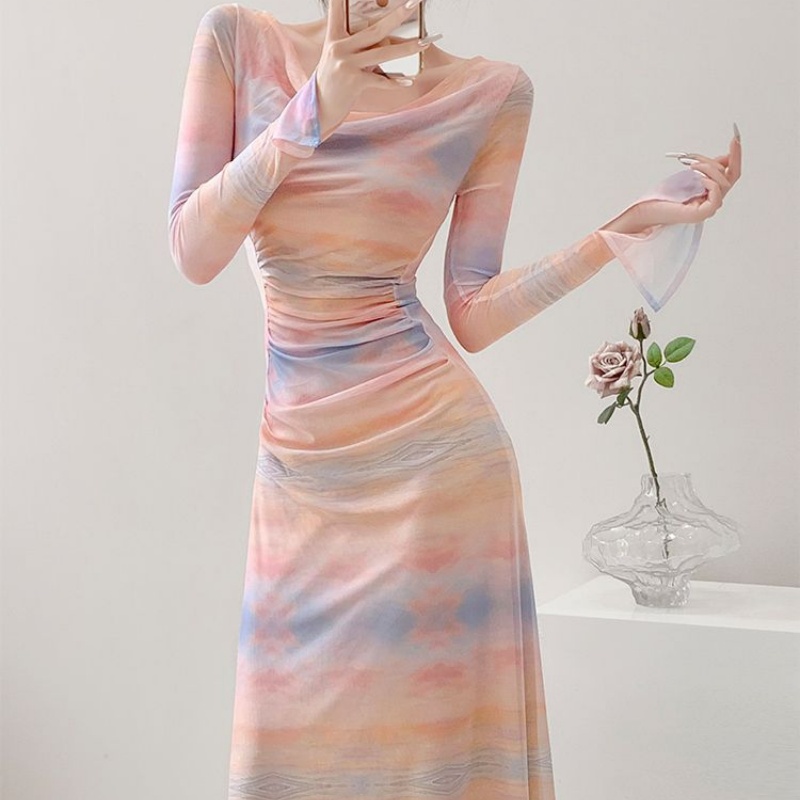 Swan-Neck Sister Mesh Print Boat-Neck Dress