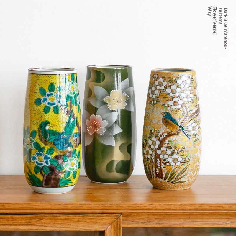 Japanese-Imported Kutani Ware Straight-Tube Vase For Flower Arrangements