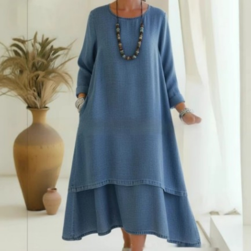 Elegant Double-layered Hemline Faux Denim Maxi Skirt