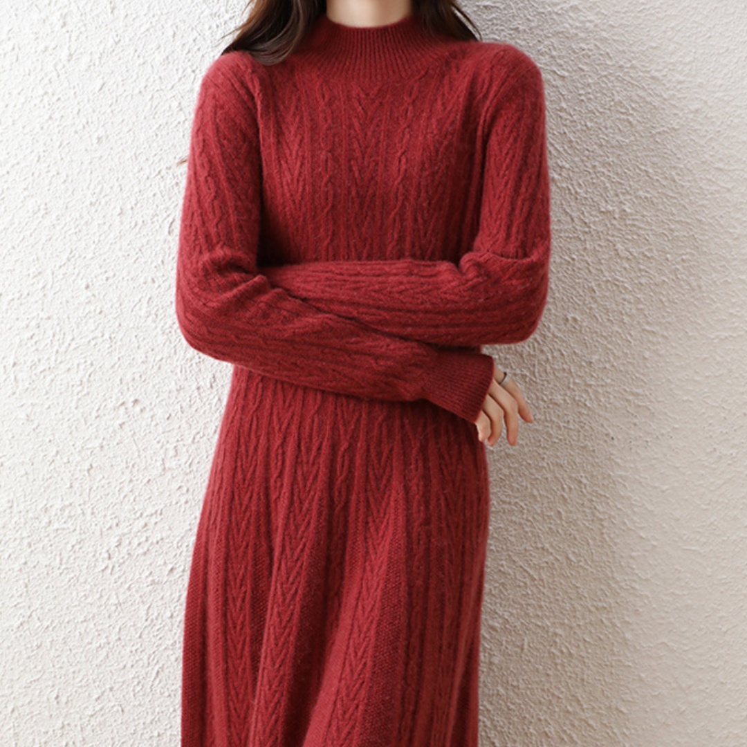 Base Skirt Paired With A Dress Featuring A High-neck Design And A Length Below The Knee