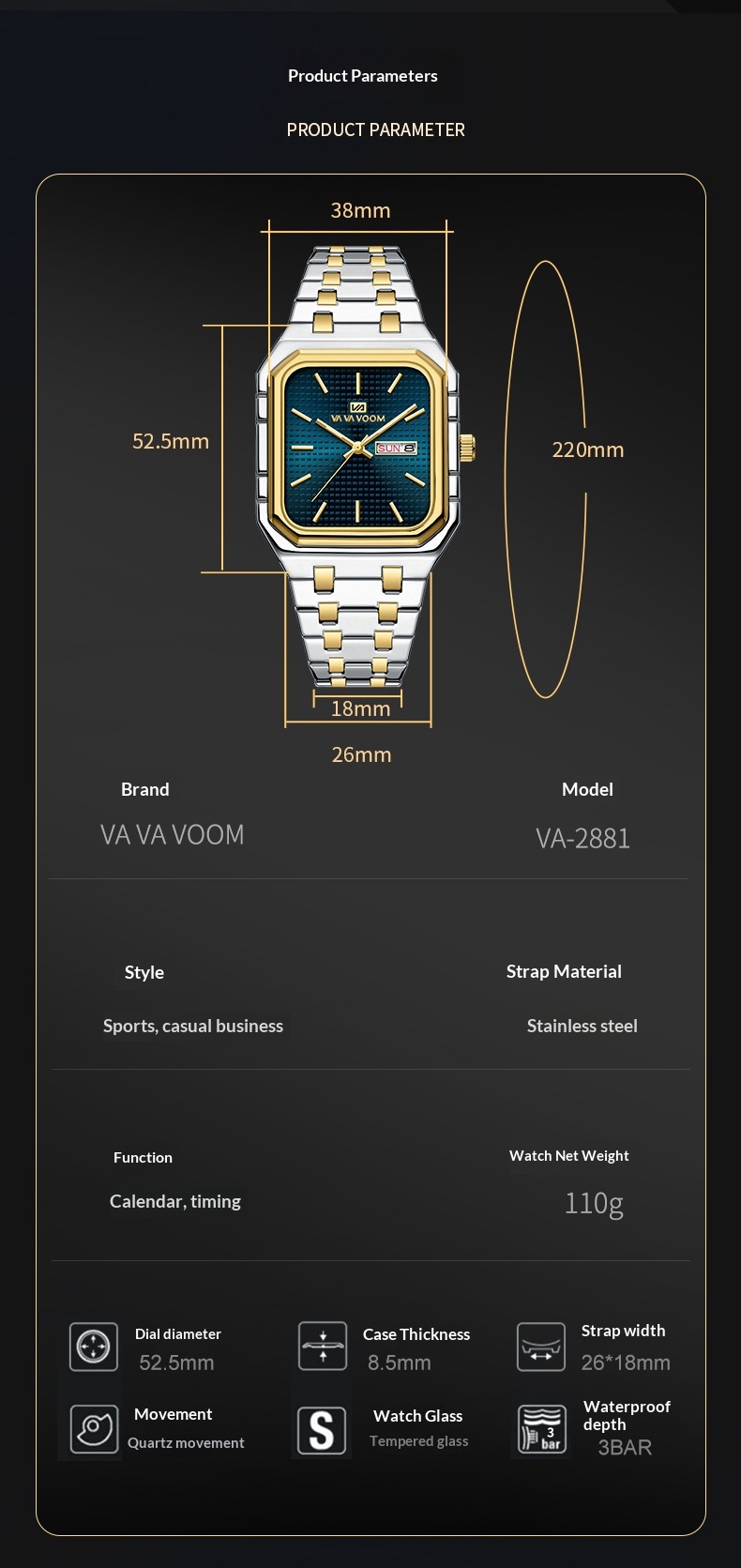 Va Va Voom 2881 Casual Stylish Luminous Square Quartz Watch For Men