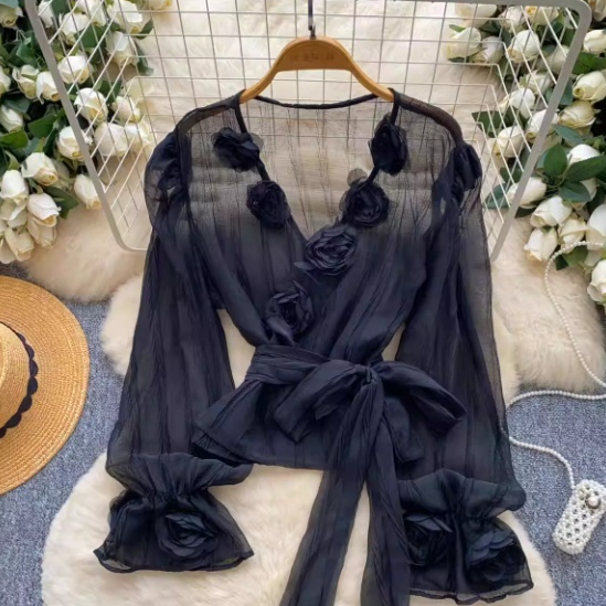 French-style Soft-aura Blouse With Flared Sleeves And 3D Floral Detailinglightweight And Delicate