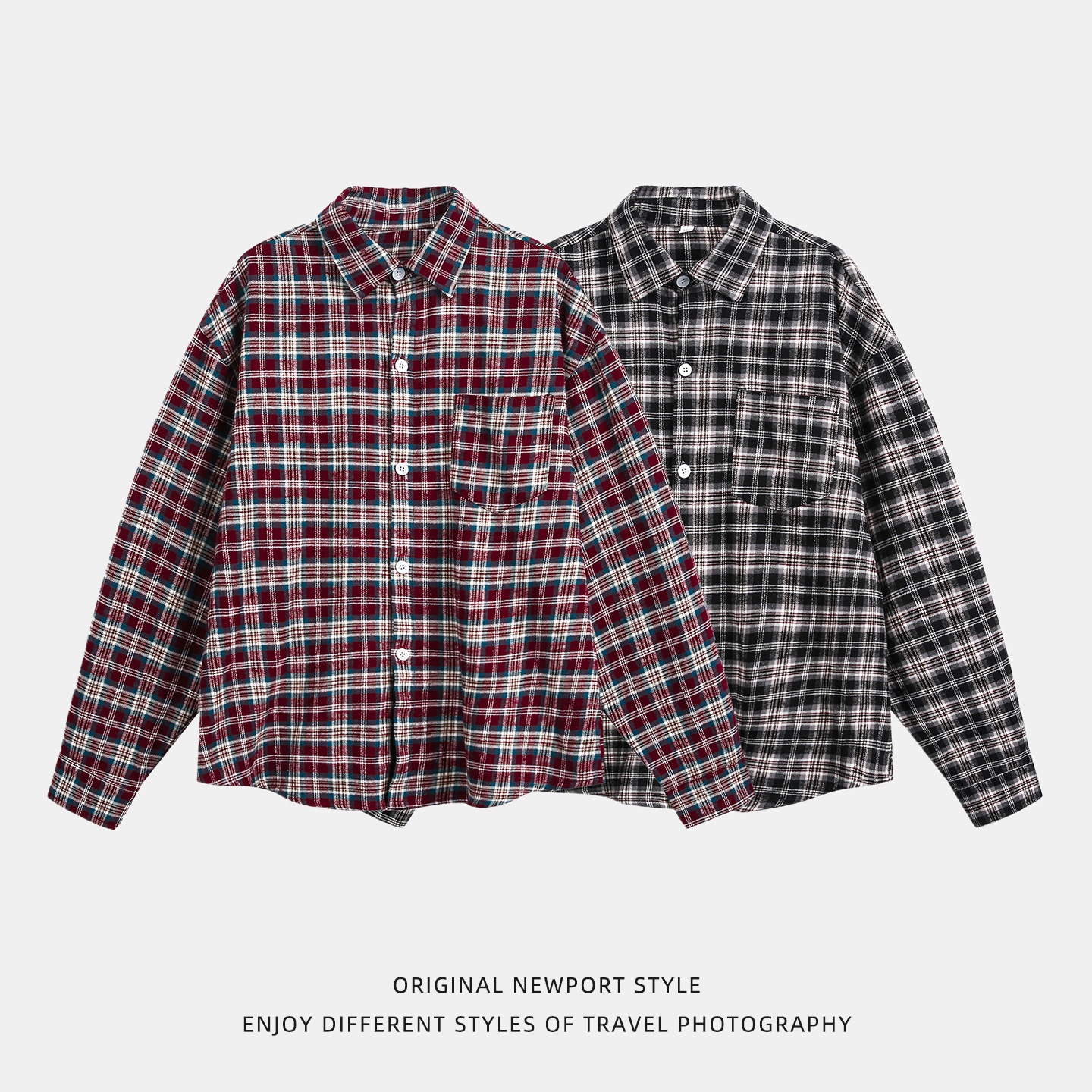 Mens American-Style Retro Color-Block Plaid Long-Sleeve Shirt