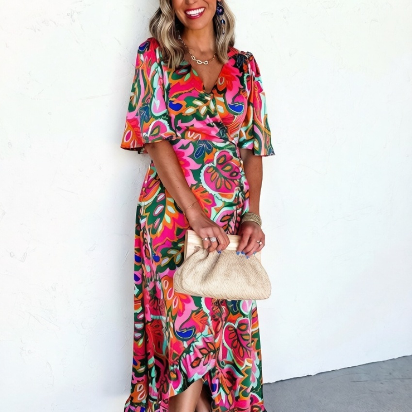 Womens Floral Peacock Lace-Up Swing Dress With Ruffled Hem