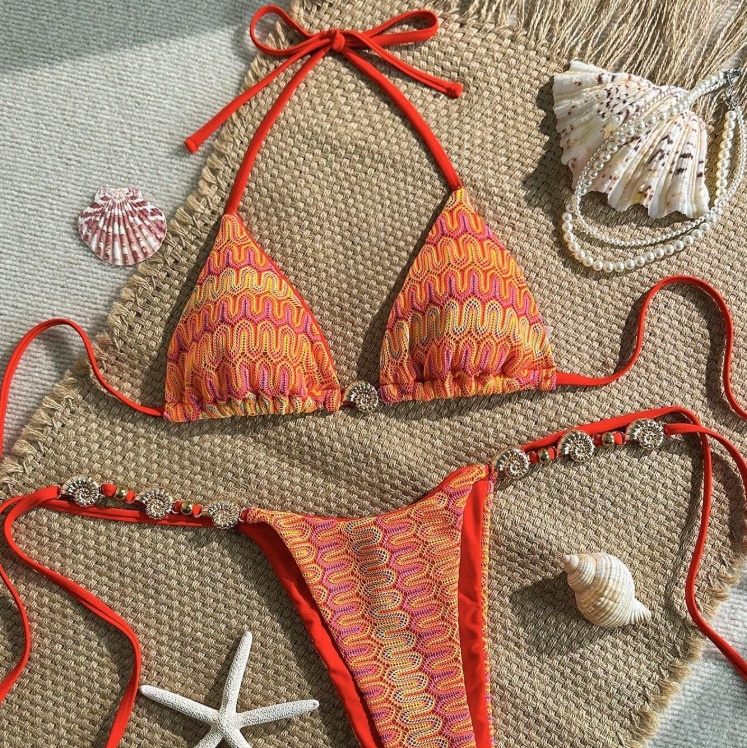 Womens Red Ethnic-style Bikini With Sexy Tie Details And Metallic Accents
