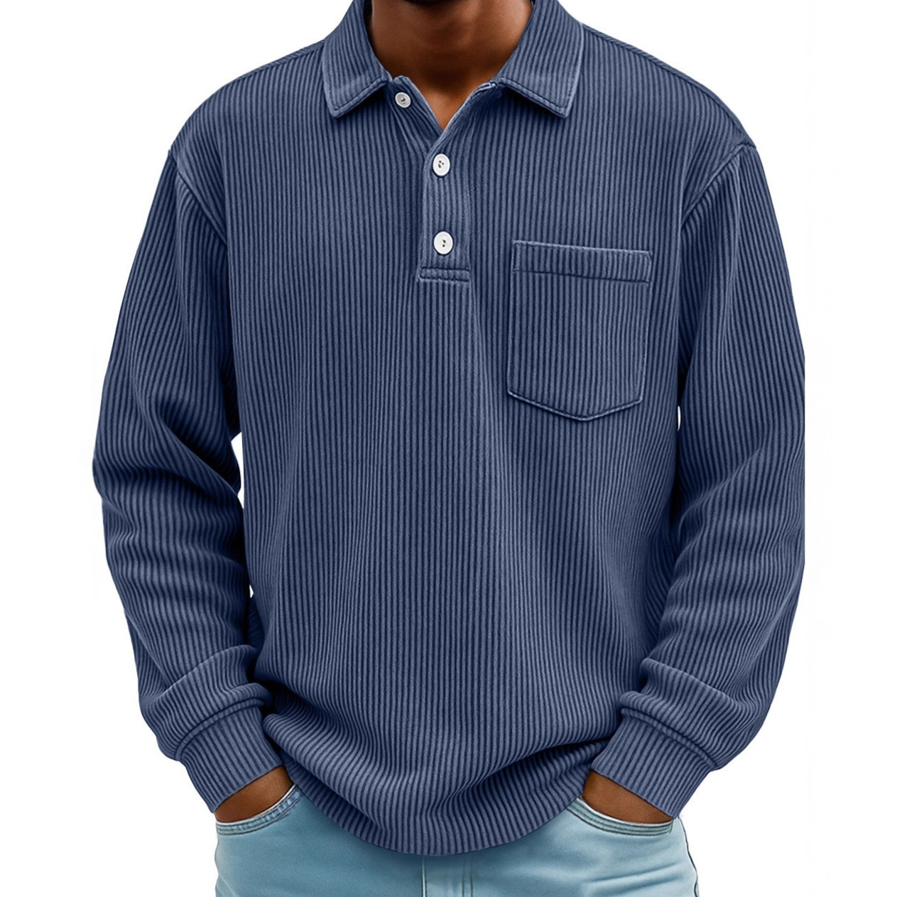 Mens Long-sleeve Polo Shirt Casual Corduroy-striped Top