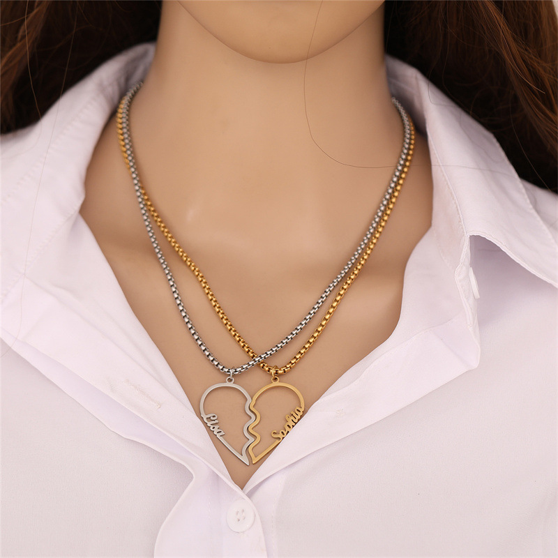 Combined Stainless Steel Cut Name Heart Couple Necklace