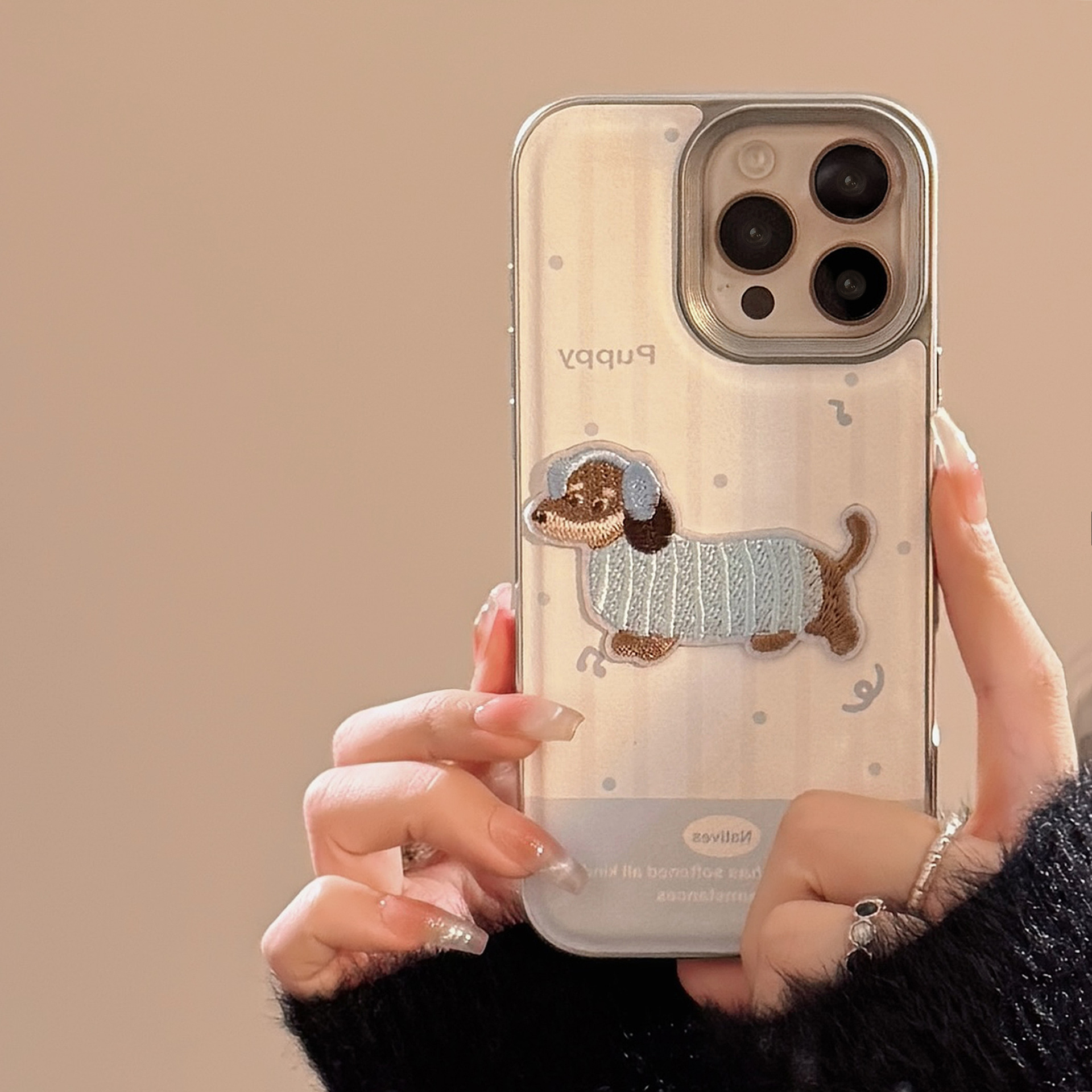 Cute Blue Milk-colored Embroidered Puppy Phone Case With A 3D Leather Design