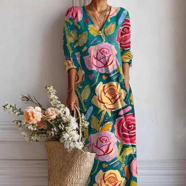 Stylish And Elegant EuropeanAmerican Printed V-neck Maxi Dress
