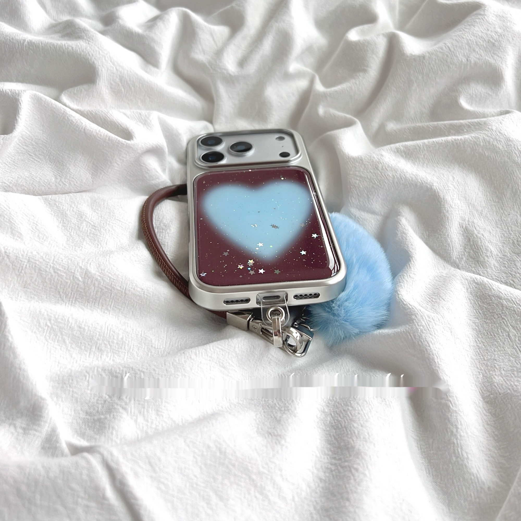 High-End Brown Glitter Blue Heart Phone Case