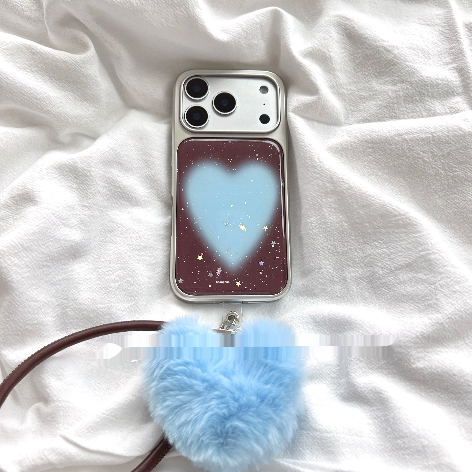 High-End Brown Glitter Blue Heart Phone Case