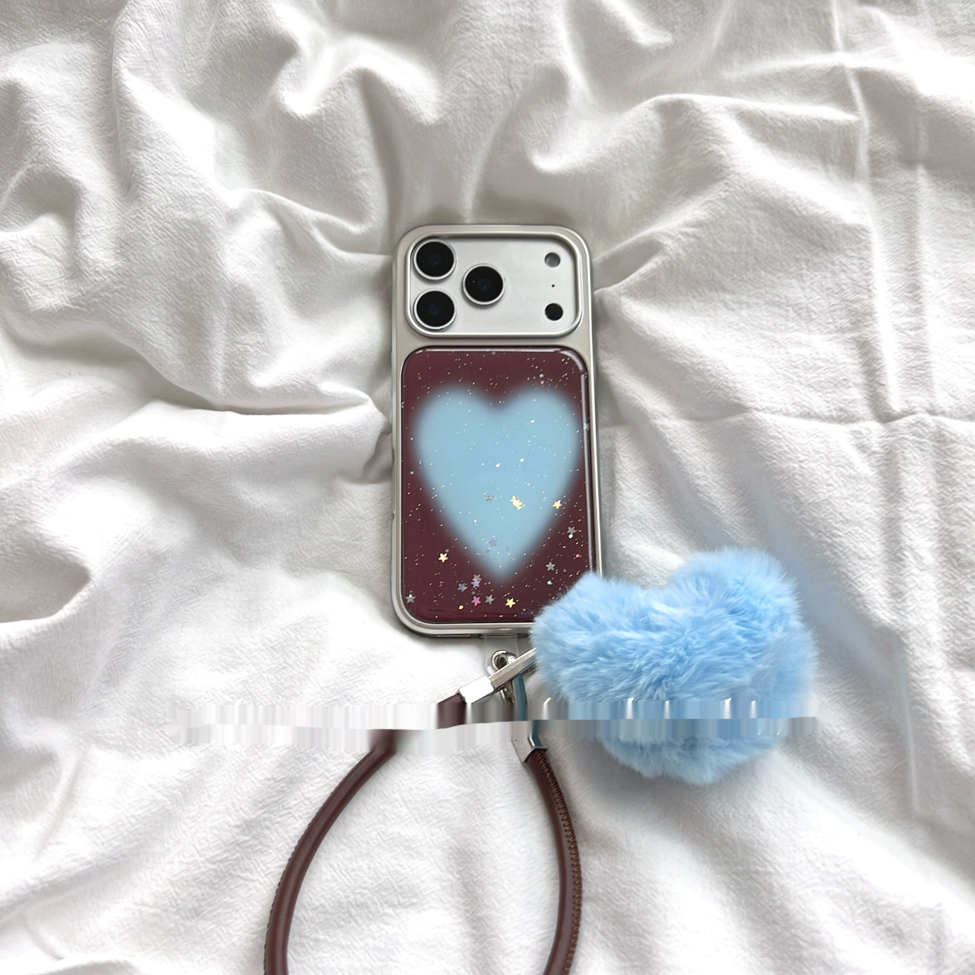 High-End Brown Glitter Blue Heart Phone Case