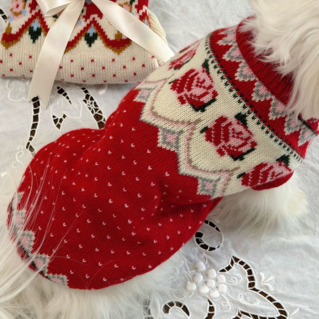 Retro Pet Sweater With New Year Roses Pattern