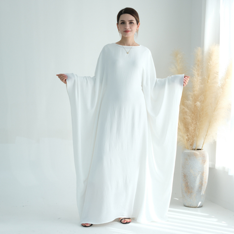 Ice-silk Crinkle-waist Batwing-sleeve Maxi Dress