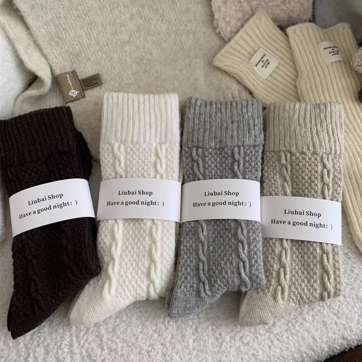 Womens Cable-Knit Wool-Blend Thickened Fleece-Lined Plush Warm Sleep Socks For Winter