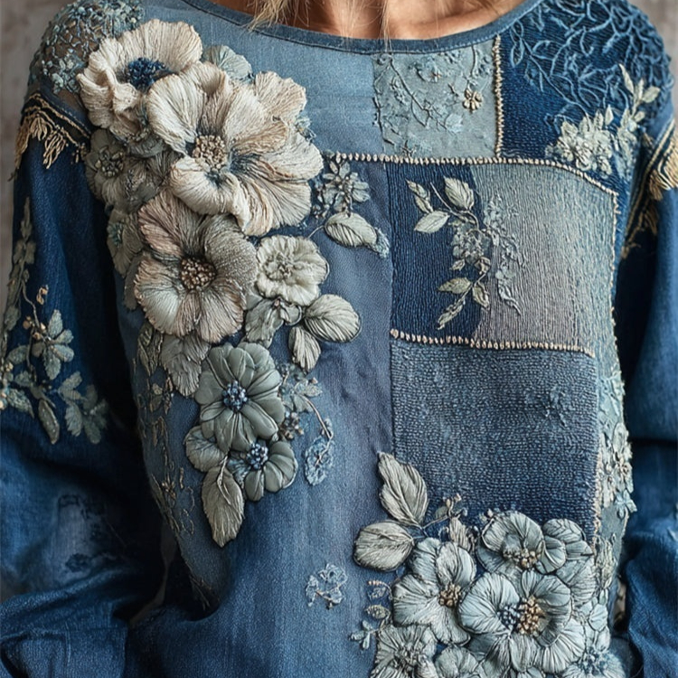 Womens 3D-printed Crew-neck Long-sleeve Retro Bohemian Top