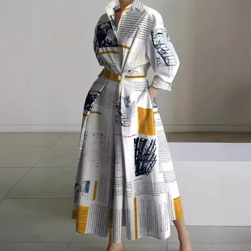 Fashionable Polo-neck Three-quarter-sleeve Loose-fit Flared Maxi Dress