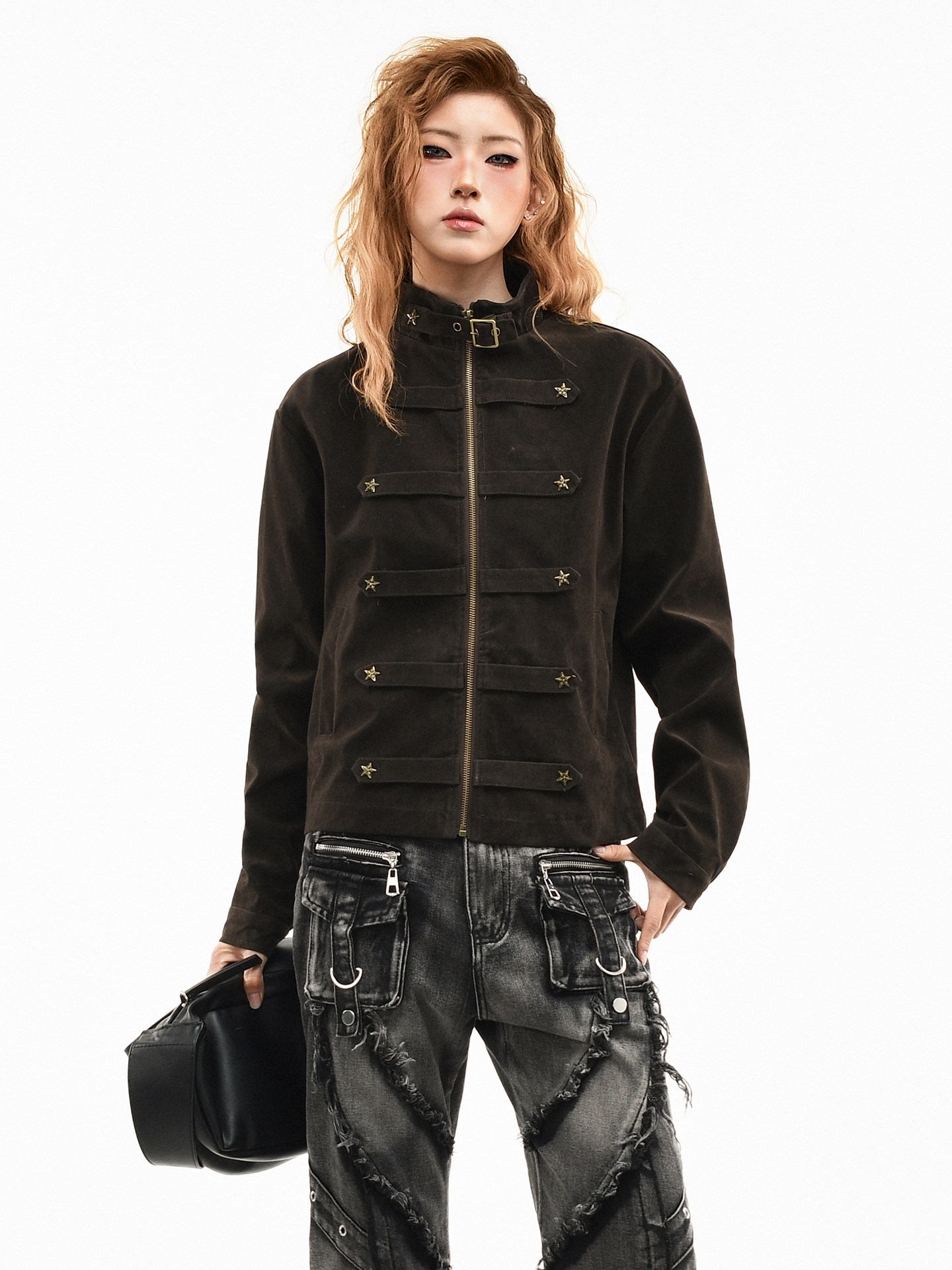 Womens Retro Star-Studded Suede Stand-Up Collar Coat