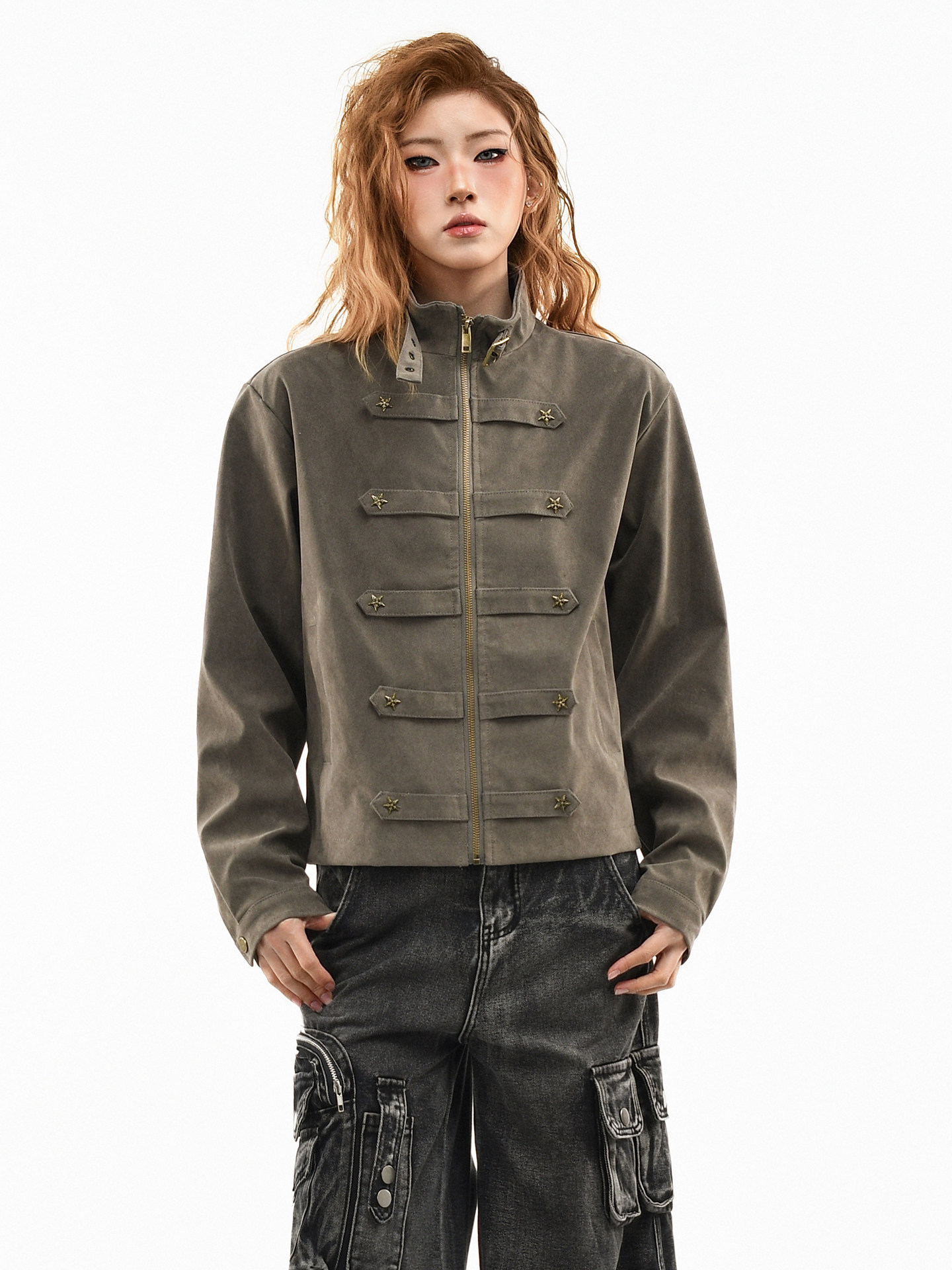 Womens Retro Star-Studded Suede Stand-Up Collar Coat